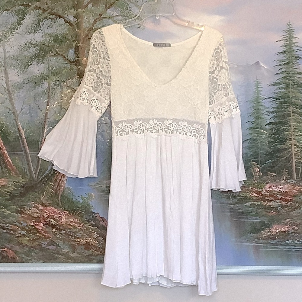 Easel Lace Bell Sleeve White Boho Dress